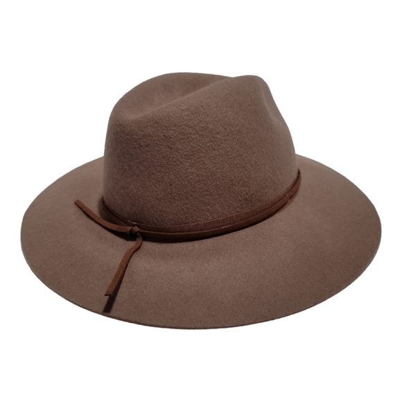 Hinge Wool Wide Brim Floppy Fedora Hat in Tan Bow Trim - Picture 1 of 6